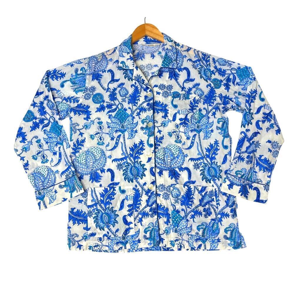Roller Rabbit Amanda Blue White Paisley Pajama Top Boho Lounge Cotton sz M